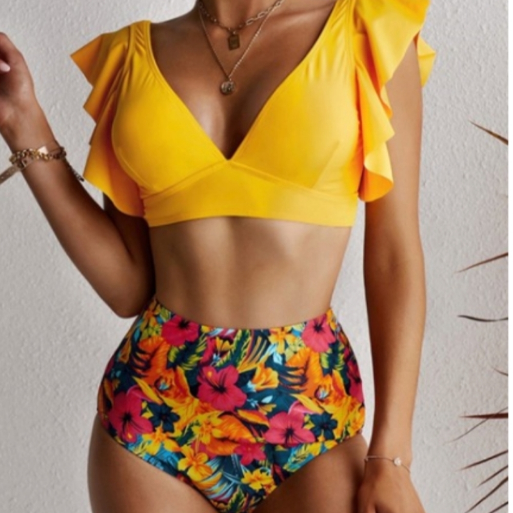 ❤Sale Tropical boutique bikini mustard floral hibiscus